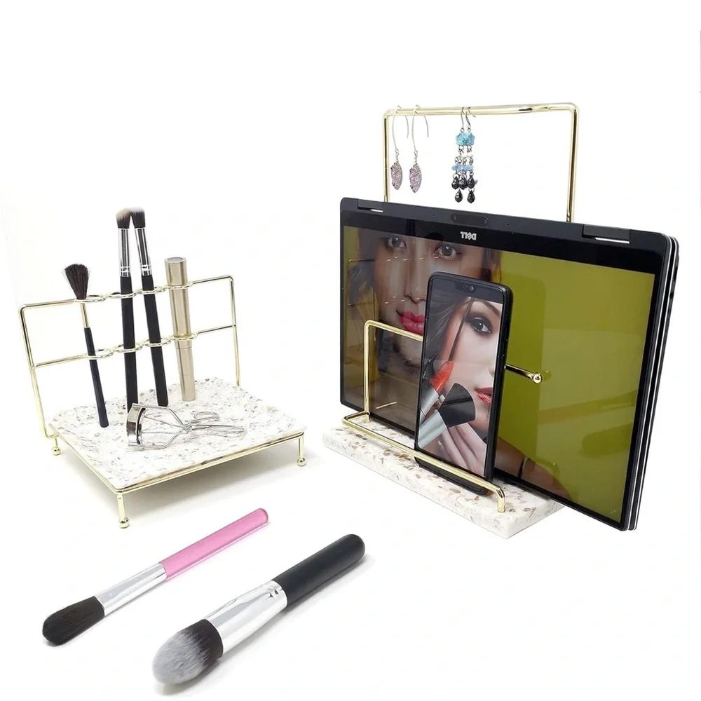 2pc Set Phone Tablet Makeup Brush Organizer Set Terrazzo Marble Tray Gold Frame
